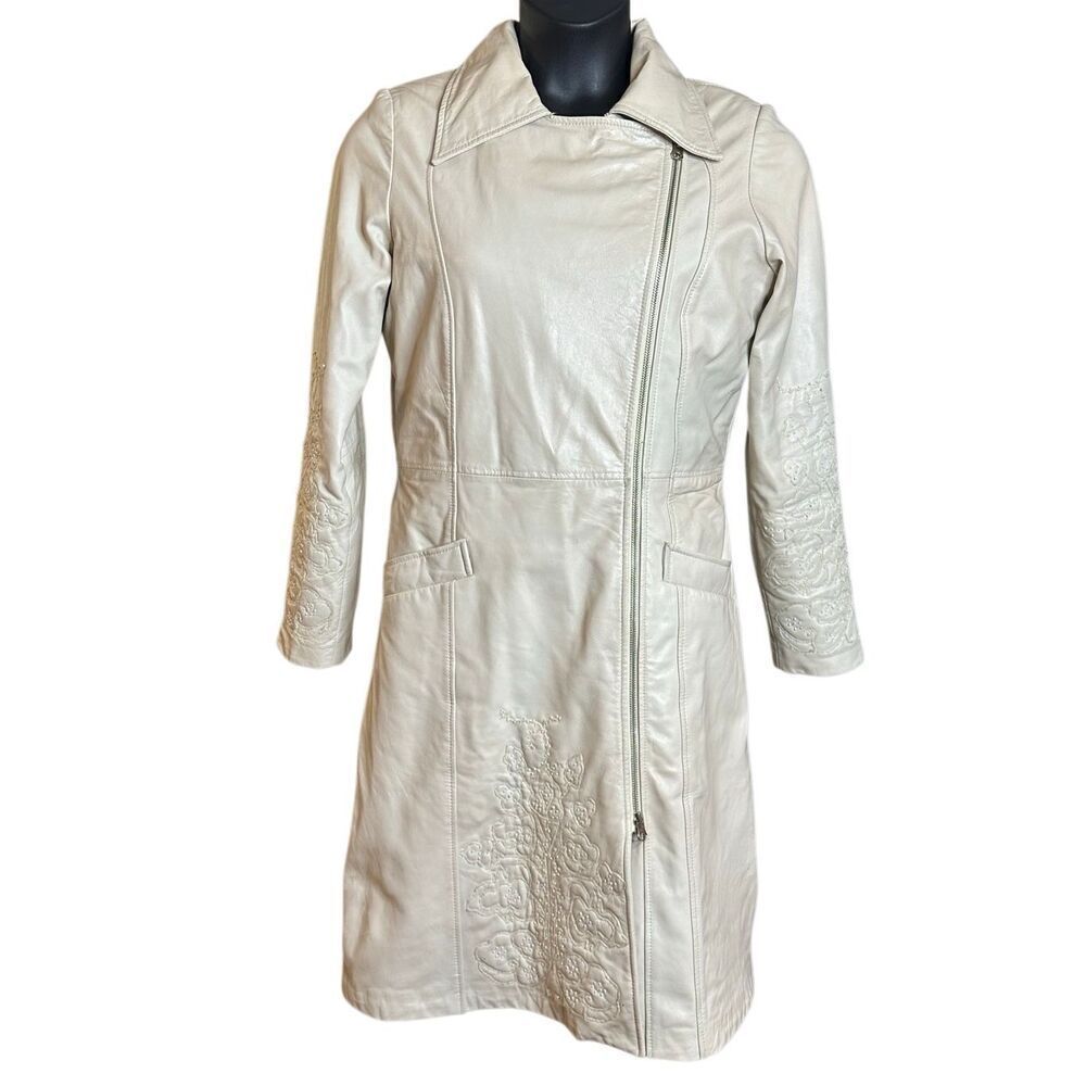 Margaret Godfrey Women's Vintage Cream Genuine Leather Beaded Trench Coat SZ M